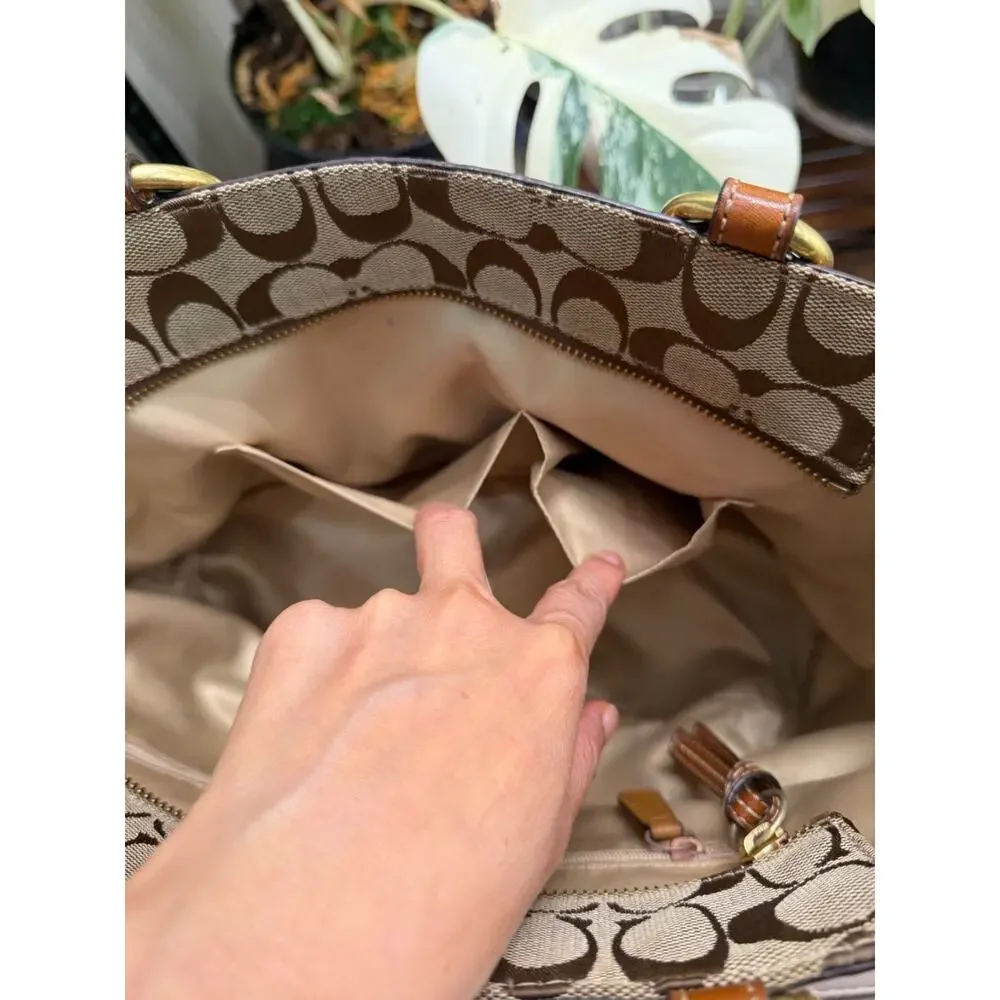 Coach Shoulder Bag Logo Pattern Leather Trim Gold Hardware Pockets